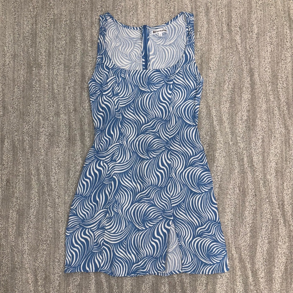 Reformation Noha Blue White Wave Print Mini Dress Sleeveless Slit Women’s Sz 4
